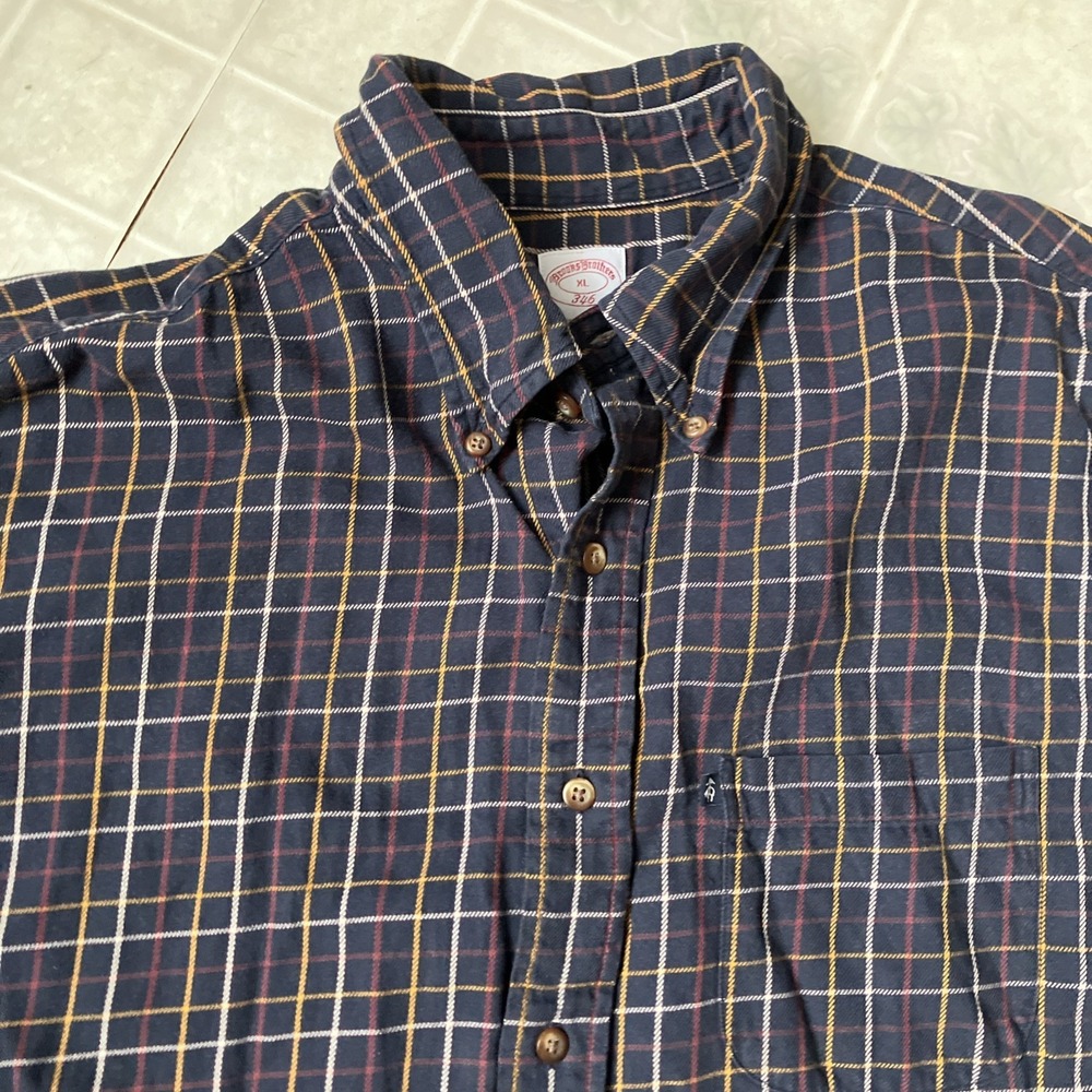 Brooks Brothers 346 Flannel Shirt Mens XL Plaid Navy Blue Cotton button Front